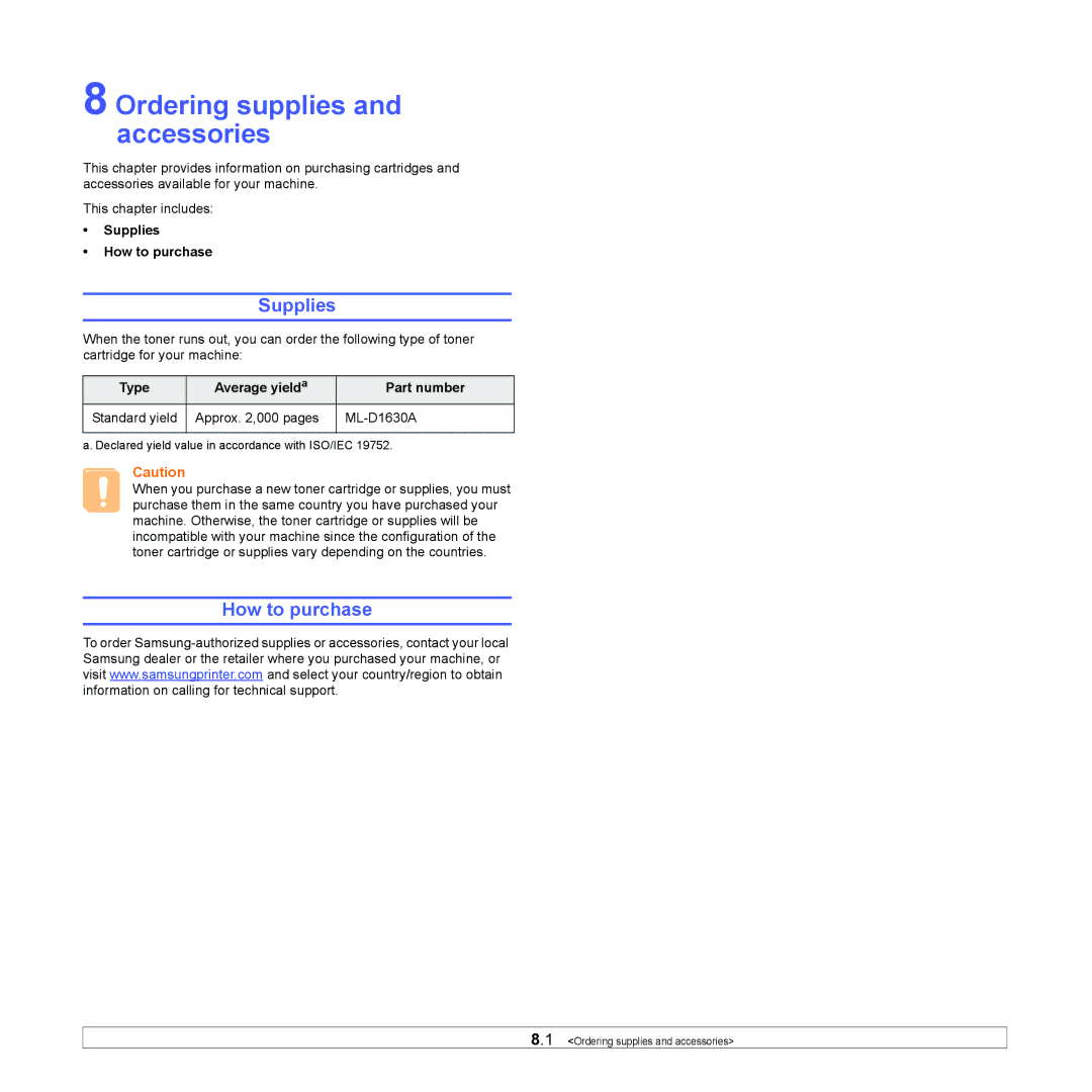 Samsung ML-1630 manual Ordering supplies and accessories, Supplies, How to purchase 