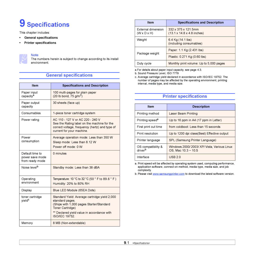 Samsung ML-1630 manual General specifications, Printer specifications, Specifications and Description 