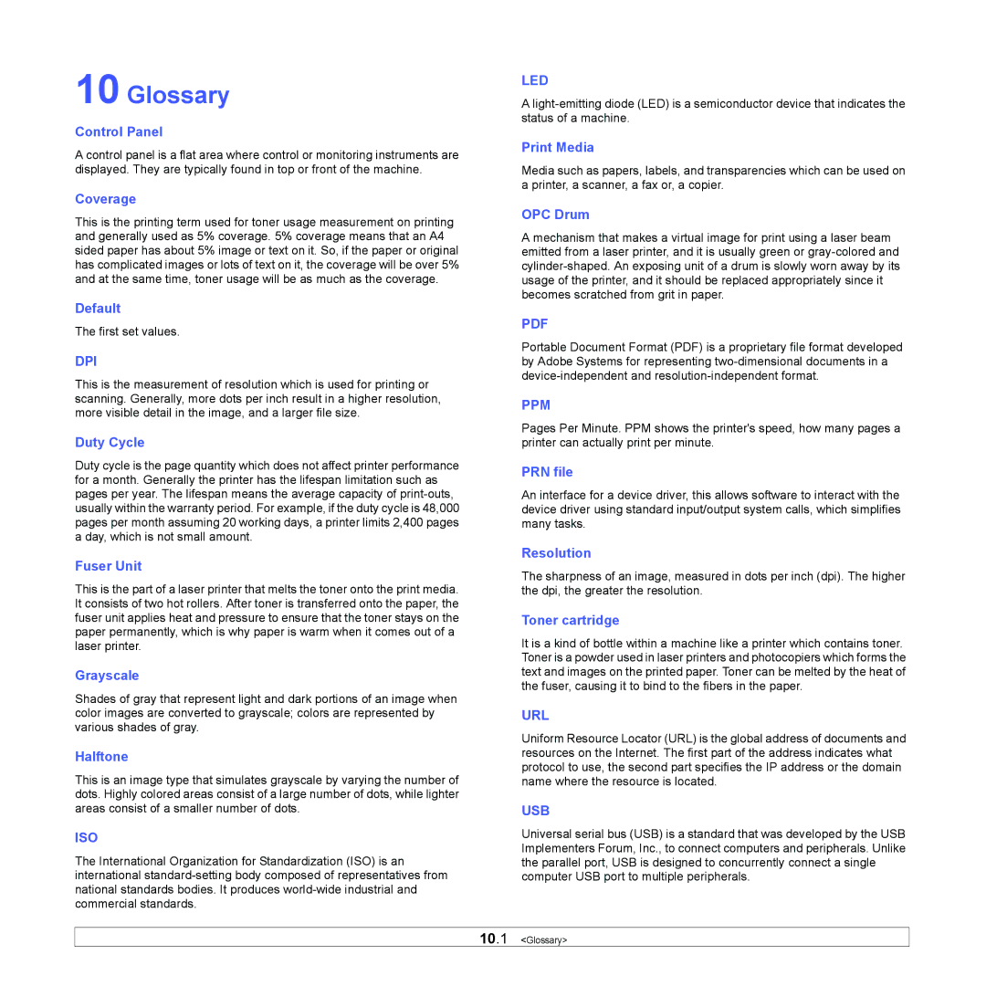 Samsung ML-1630 manual Glossary, Control Panel 
