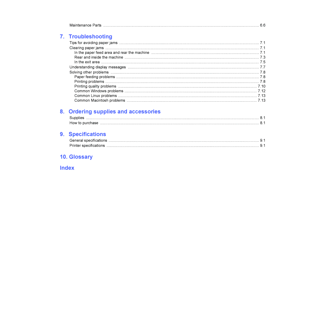 Samsung ML-1630 manual Troubleshooting, Ordering supplies and accessories, Specifications, Glossary Index 