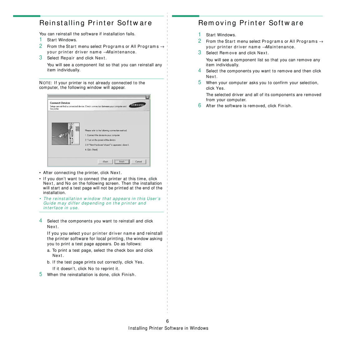 Samsung ML-1630 manual Reinstalling Printer Software, Removing Printer Software 