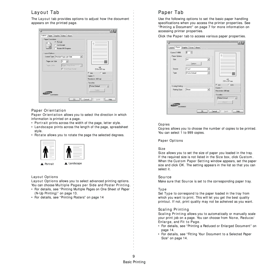 Samsung ML-1630 manual Layout Tab, Paper Tab 