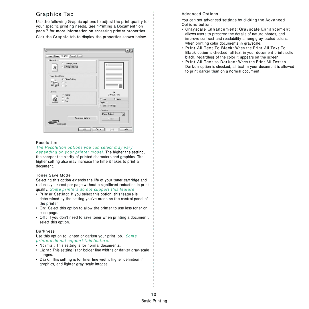 Samsung ML-1630 manual Graphics Tab, Resolution, Toner Save Mode, Darkness, Advanced Options 