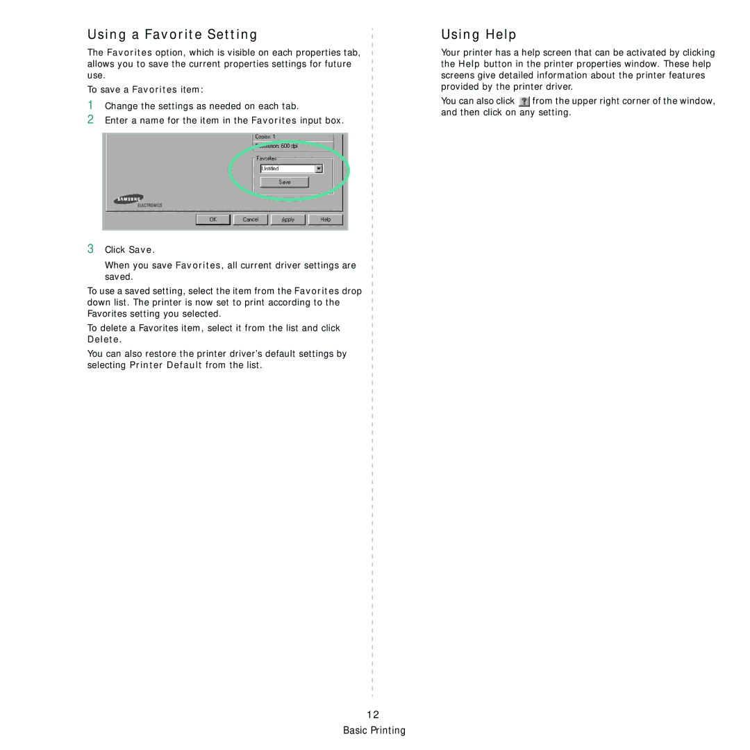 Samsung ML-1630 manual Using a Favorite Setting, Using Help 