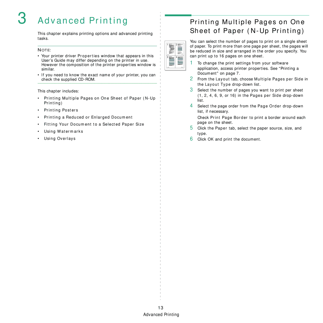 Samsung ML-1630 manual Advanced Printing, Printing Multiple Pages on One Sheet of Paper N-Up Printing 