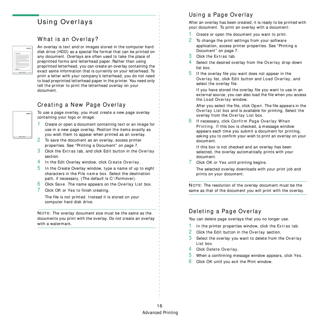 Samsung ML-1630 manual Using Overlays, What is an Overlay?, Using a Page Overlay, Creating a New Page Overlay 