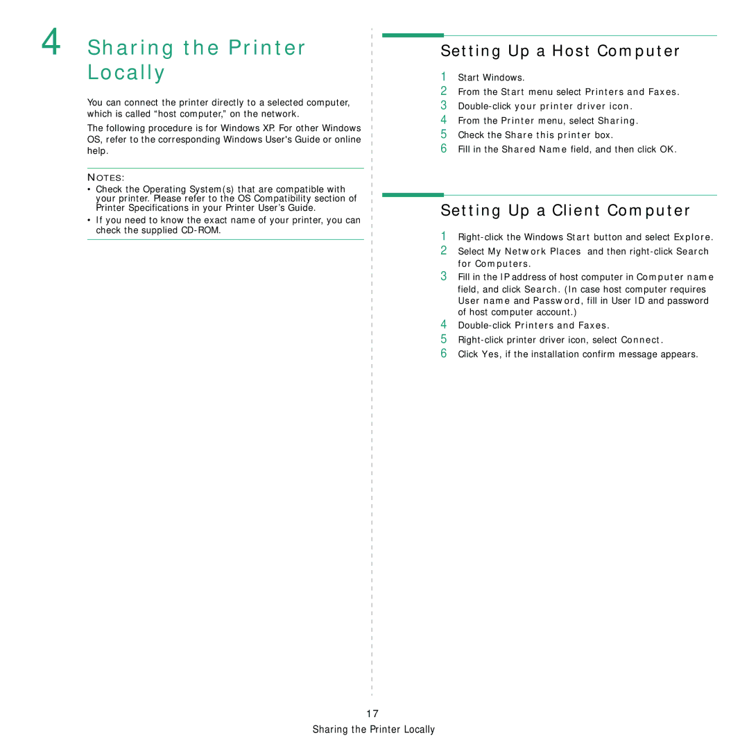 Samsung ML-1630 manual Setting Up a Host Computer, Setting Up a Client Computer, Check the Share this printer box 