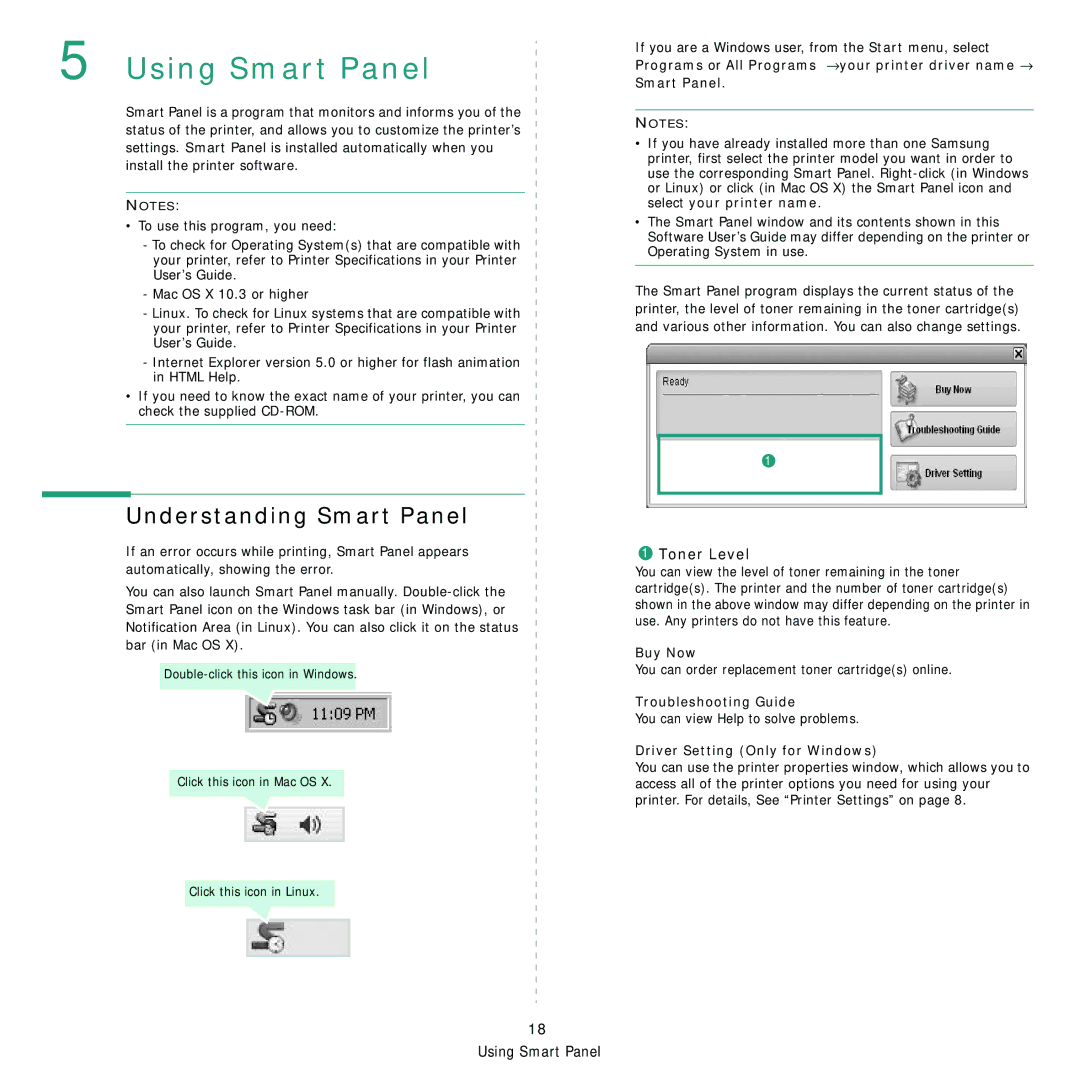 Samsung ML-1630 manual Understanding Smart Panel, Buy Now, Troubleshooting Guide, Driver Setting Only for Windows 