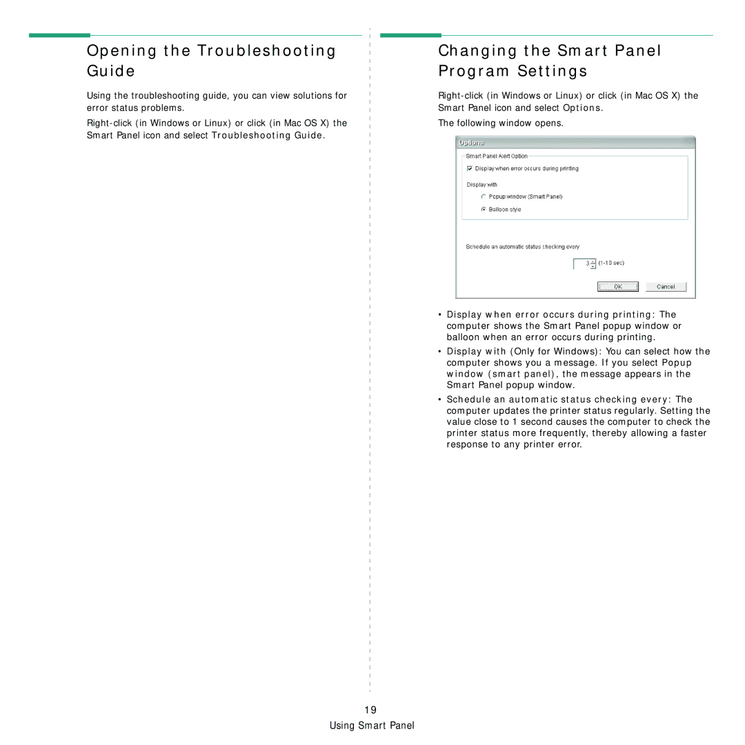 Samsung ML-1630 manual Opening the Troubleshooting Guide, Changing the Smart Panel Program Settings 