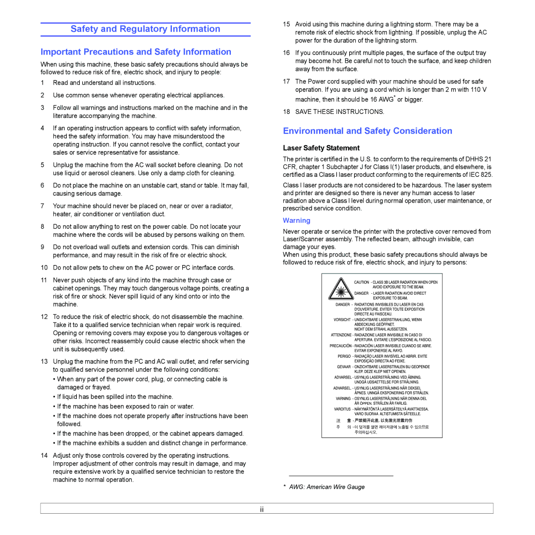 Samsung ML-1630 manual Safety and Regulatory Information, Important Precautions and Safety Information 