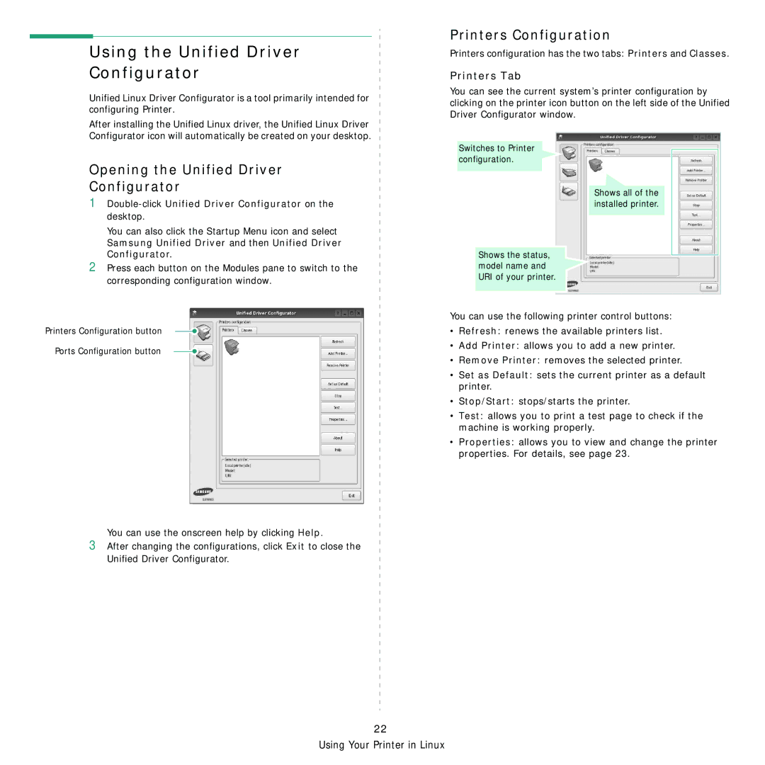 Samsung ML-1630 Using the Unified Driver Configurator, Printers Configuration, Opening the Unified Driver Configurator 