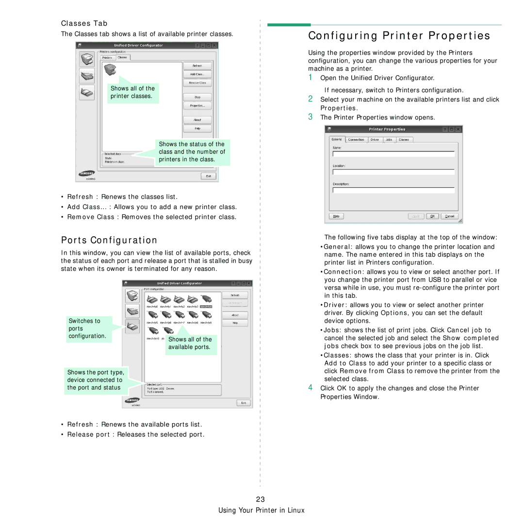 Samsung ML-1630 manual Configuring Printer Properties, Ports Configuration 