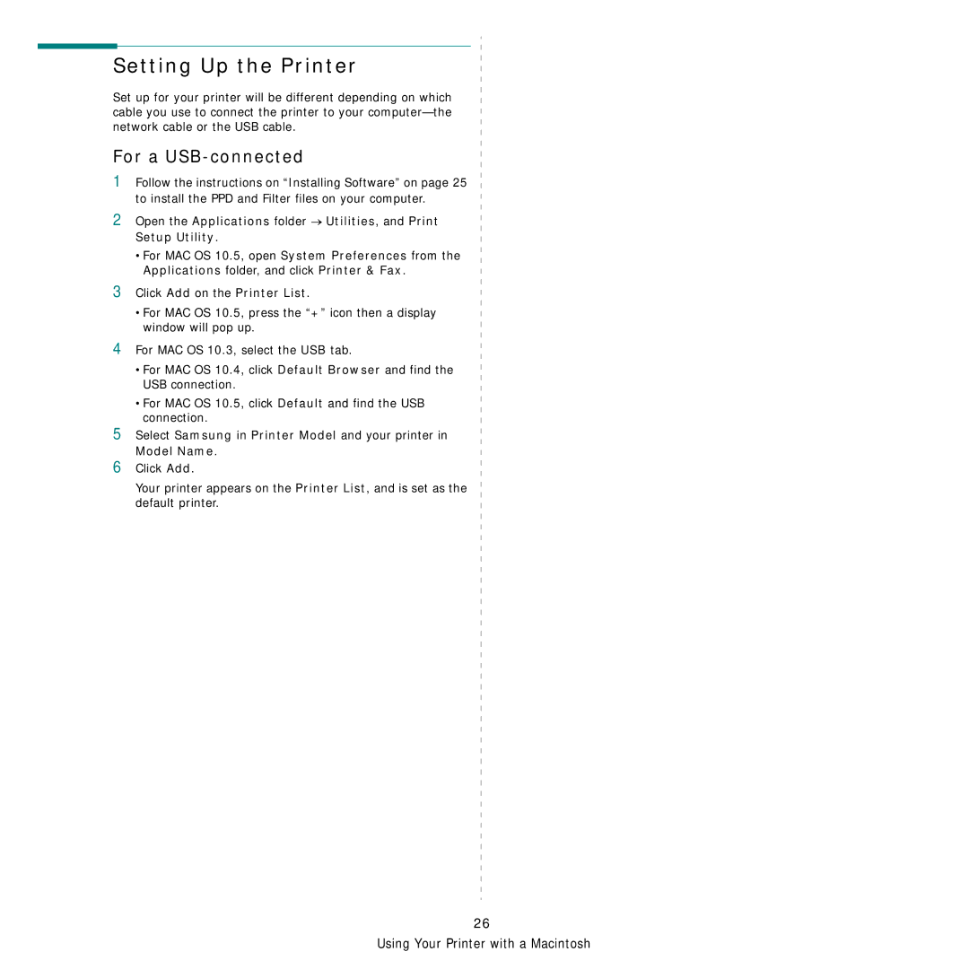 Samsung ML-1630 manual Setting Up the Printer, For a USB-connected, Click Add on the Printer List 