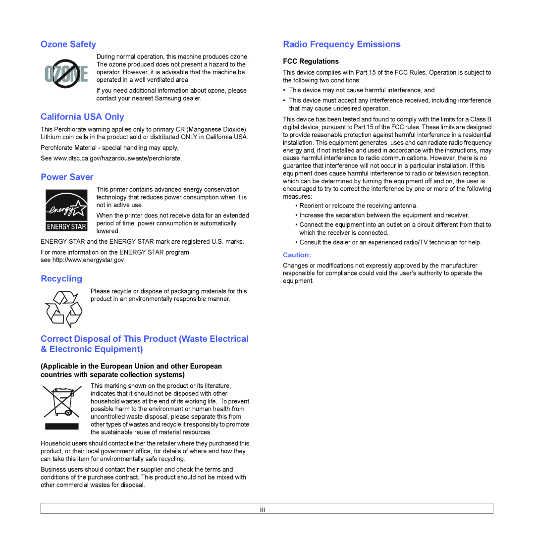 Samsung ML-1630 manual Ozone Safety, California USA Only, Power Saver, Recycling, Radio Frequency Emissions 