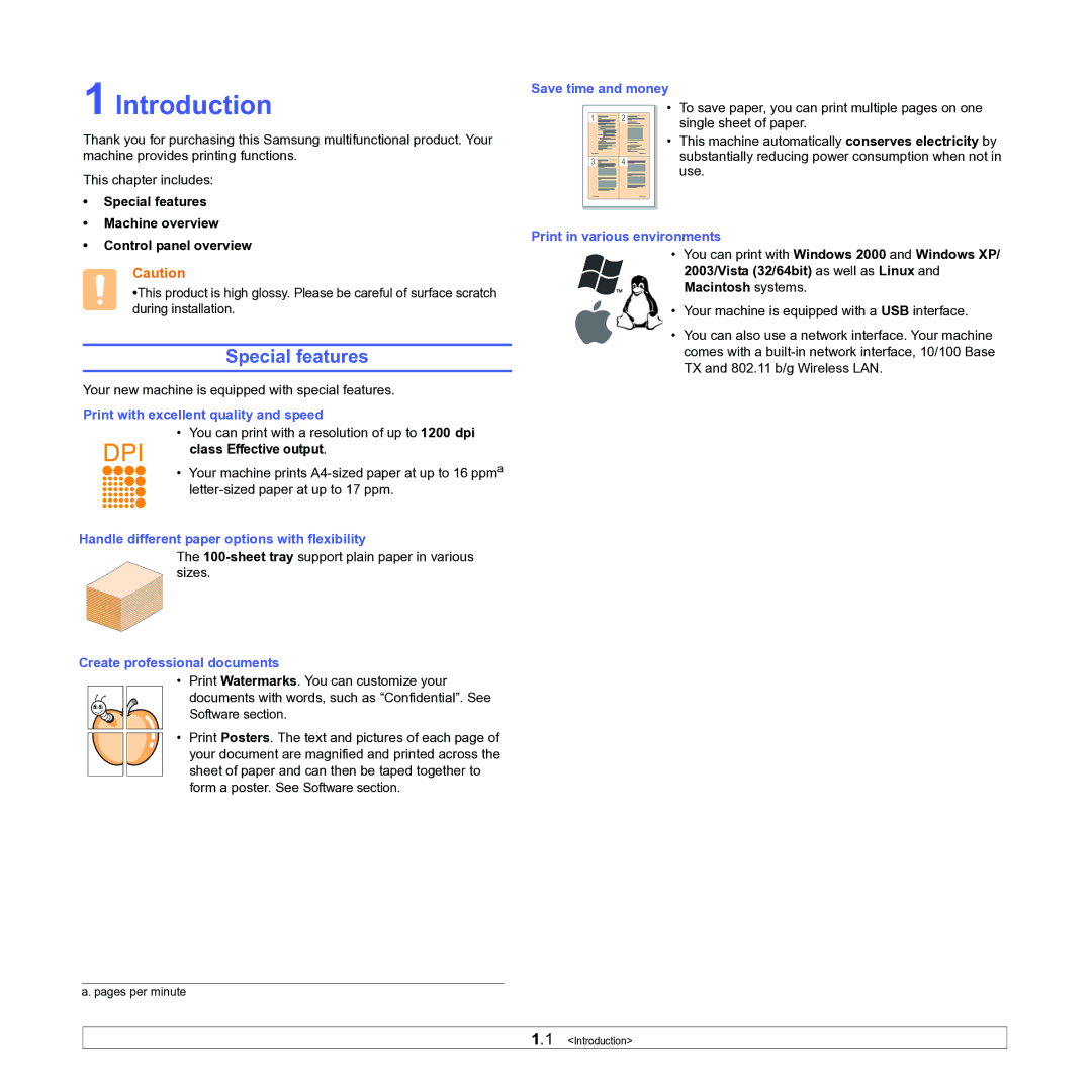 Samsung ML-1630W manual Introduction, Special features Machine overview Control panel overview 