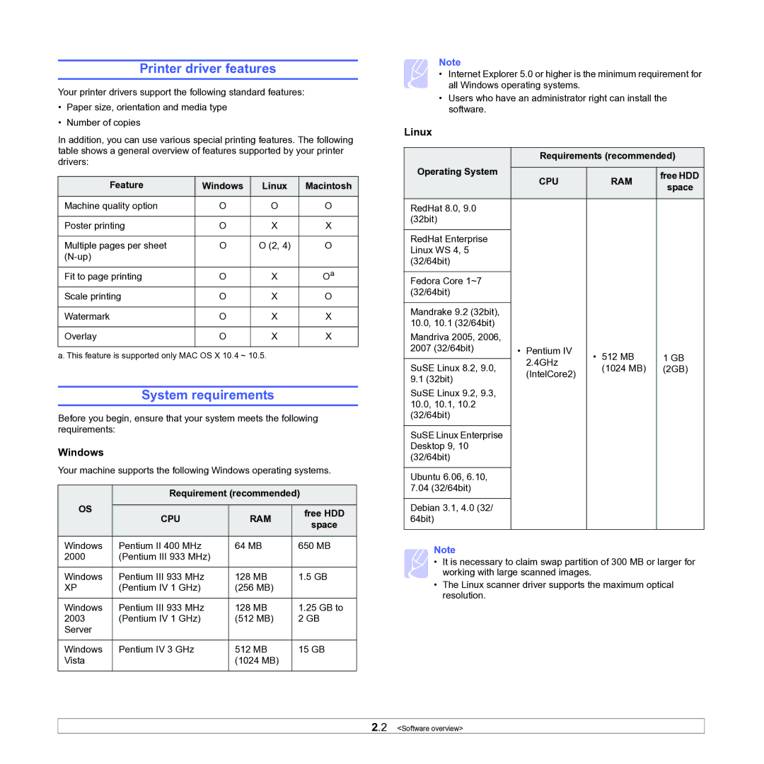 Samsung ML-1630W manual Printer driver features, System requirements 