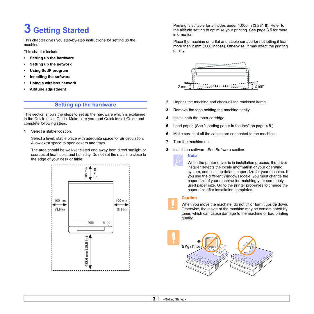 Samsung ML-1630W manual Getting Started, Setting up the hardware 