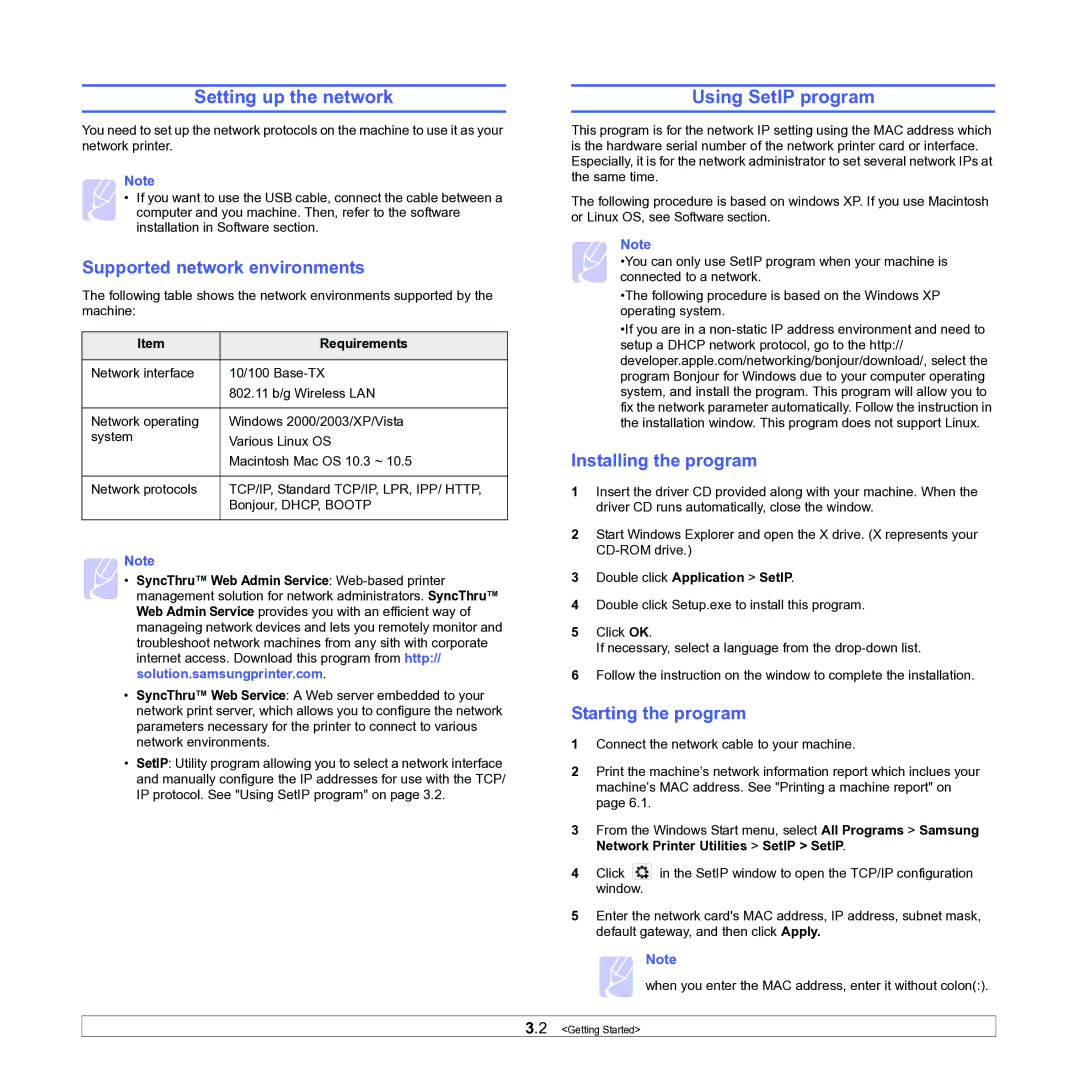 Samsung ML-1630W manual Setting up the network, Using SetIP program, Supported network environments, Installing the program 