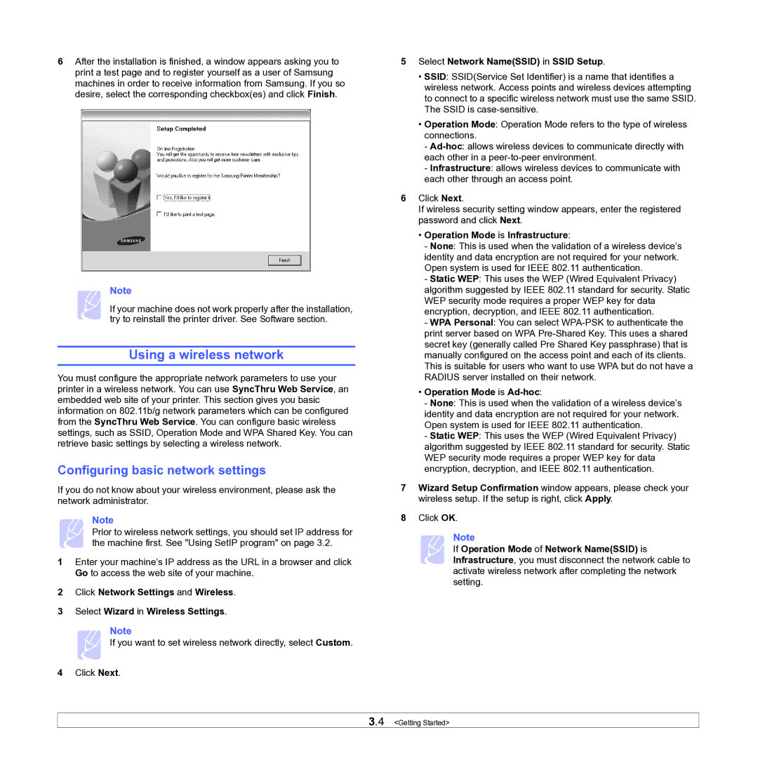 Samsung ML-1630W manual Using a wireless network, Configuring basic network settings, Select Network NameSSID in Ssid Setup 