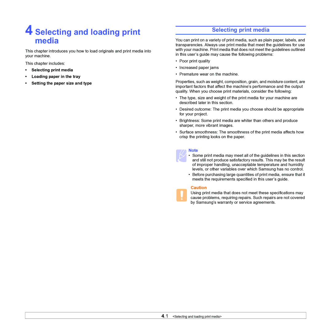 Samsung ML-1630W manual Selecting and loading print media, Selecting print media 