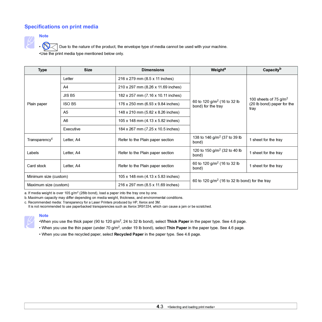 Samsung ML-1630W manual Specifications on print media, Type Size Dimensions Weighta Capacityb 