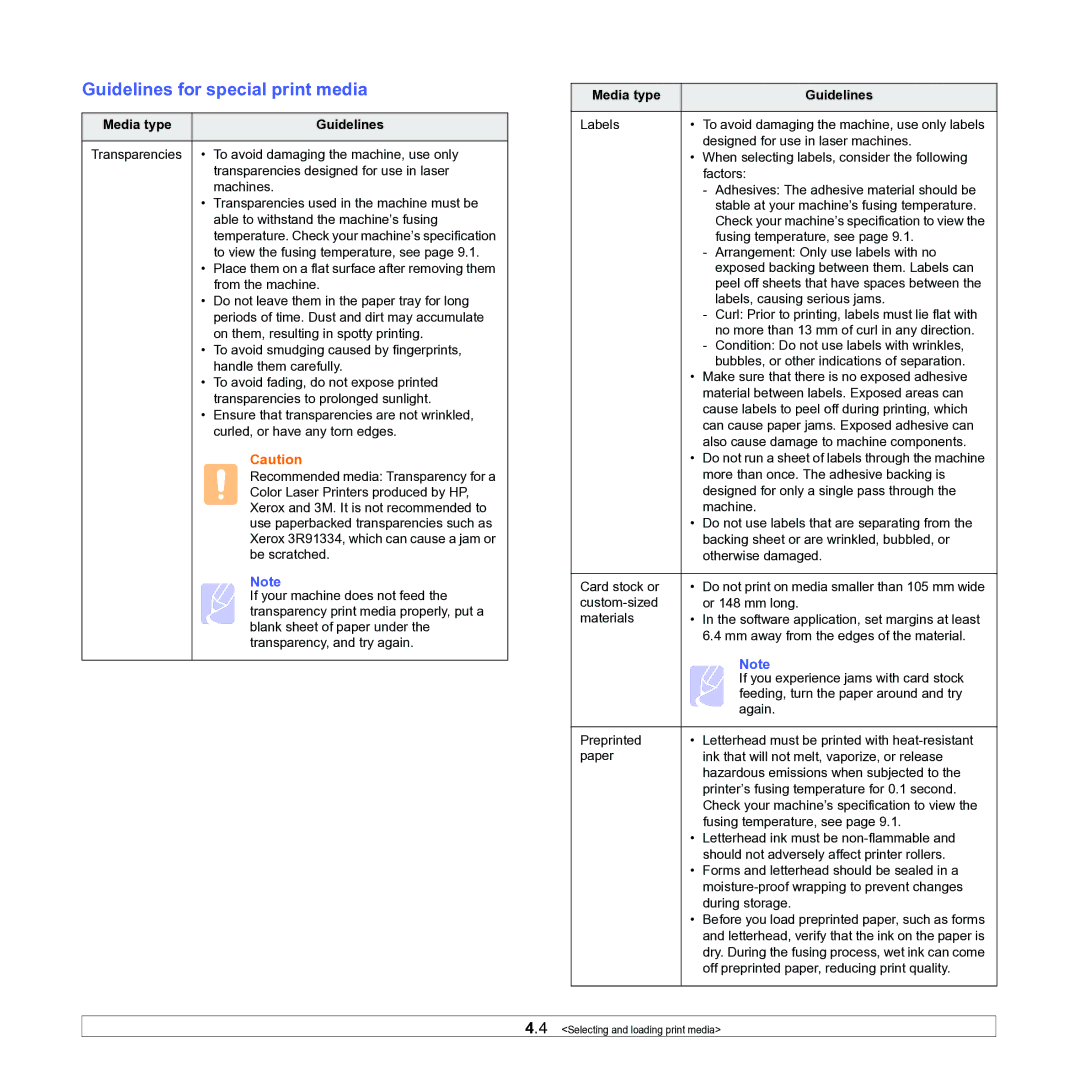 Samsung ML-1630W manual Guidelines for special print media, Media type Guidelines 