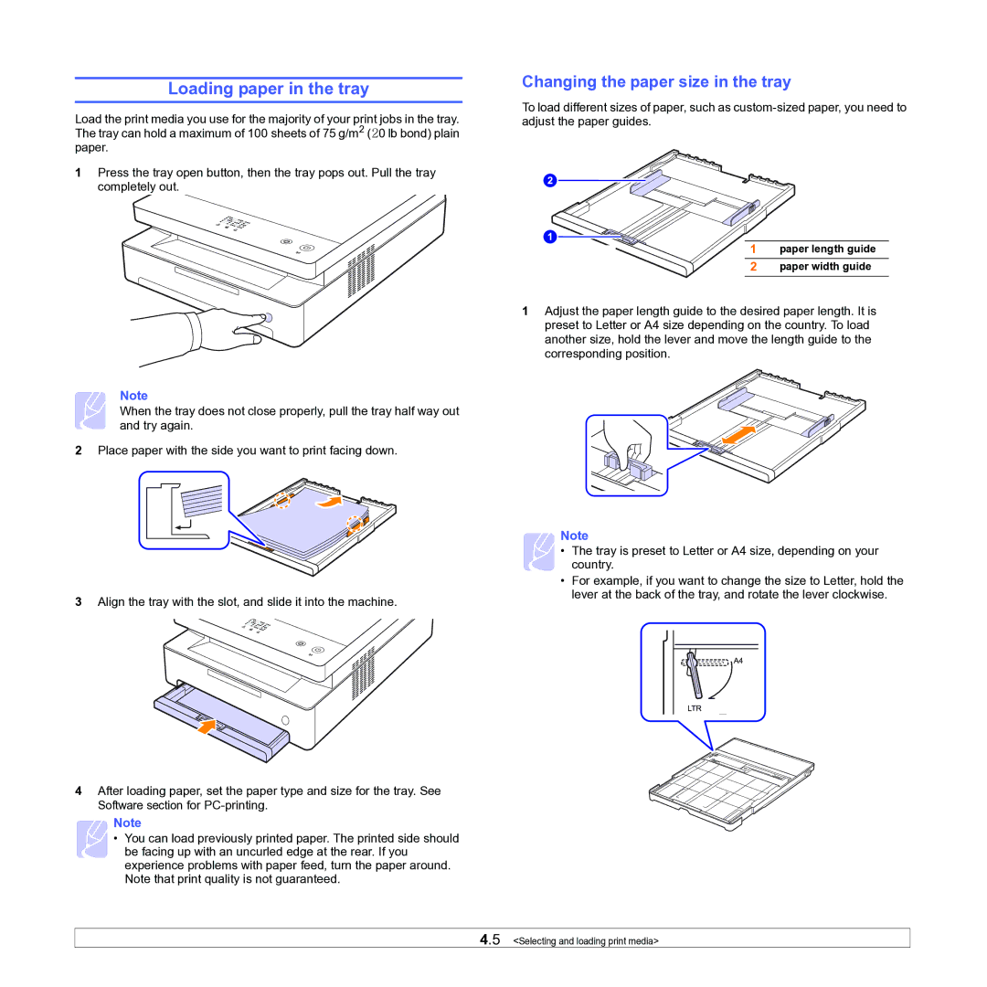 Samsung ML-1630W manual Loading paper in the tray, Changing the paper size in the tray 