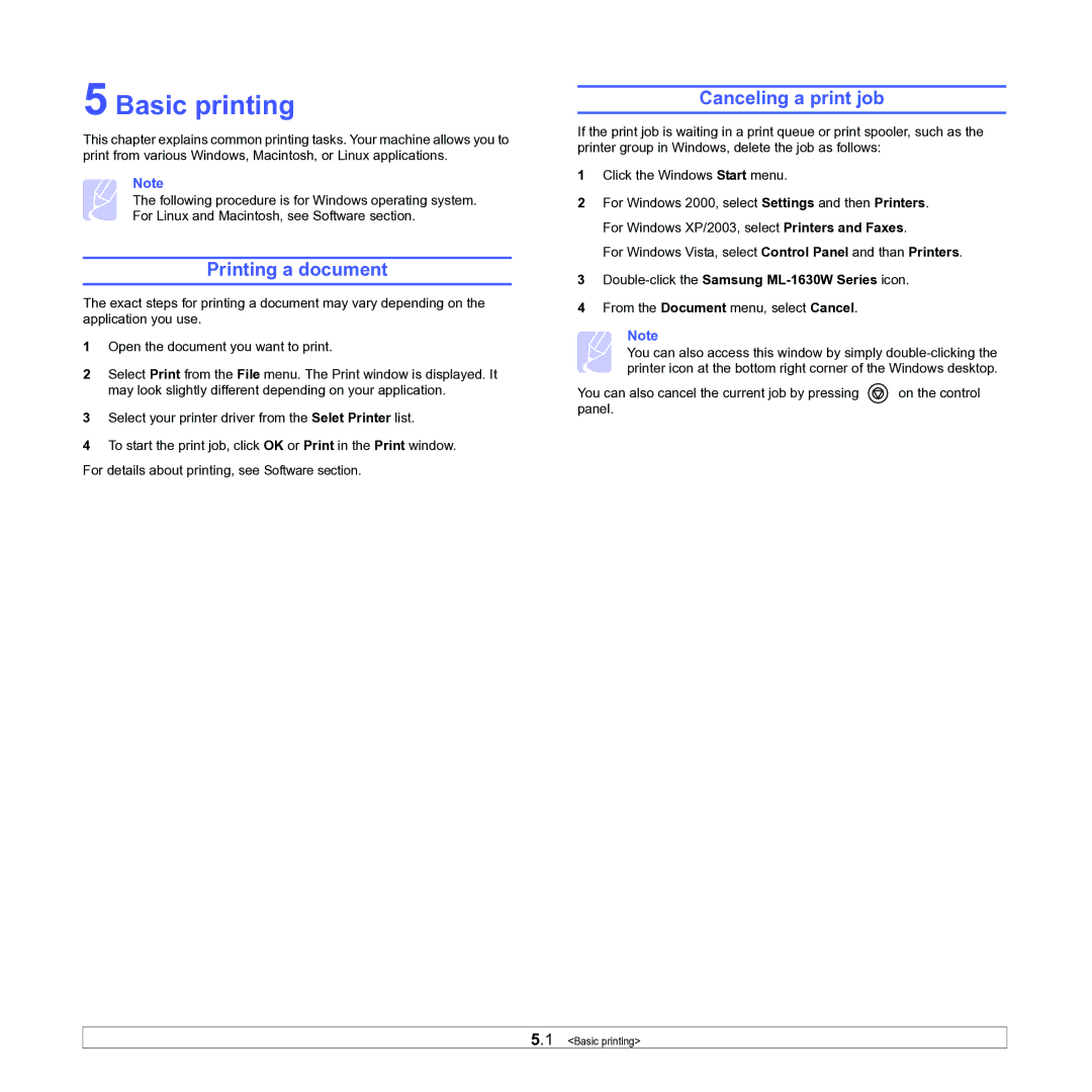 Samsung manual Basic printing, Printing a document, Canceling a print job, Double-click the Samsung ML-1630W Series icon 