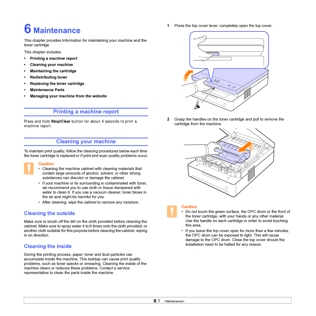 Samsung ML-1630W Maintenance, Printing a machine report, Cleaning your machine, Cleaning the outside, Cleaning the inside 