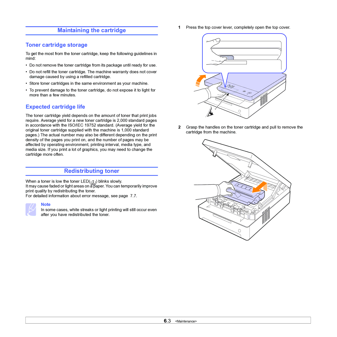 Samsung ML-1630W manual Maintaining the cartridge, Redistributing toner, Toner cartridge storage, Expected cartridge life 