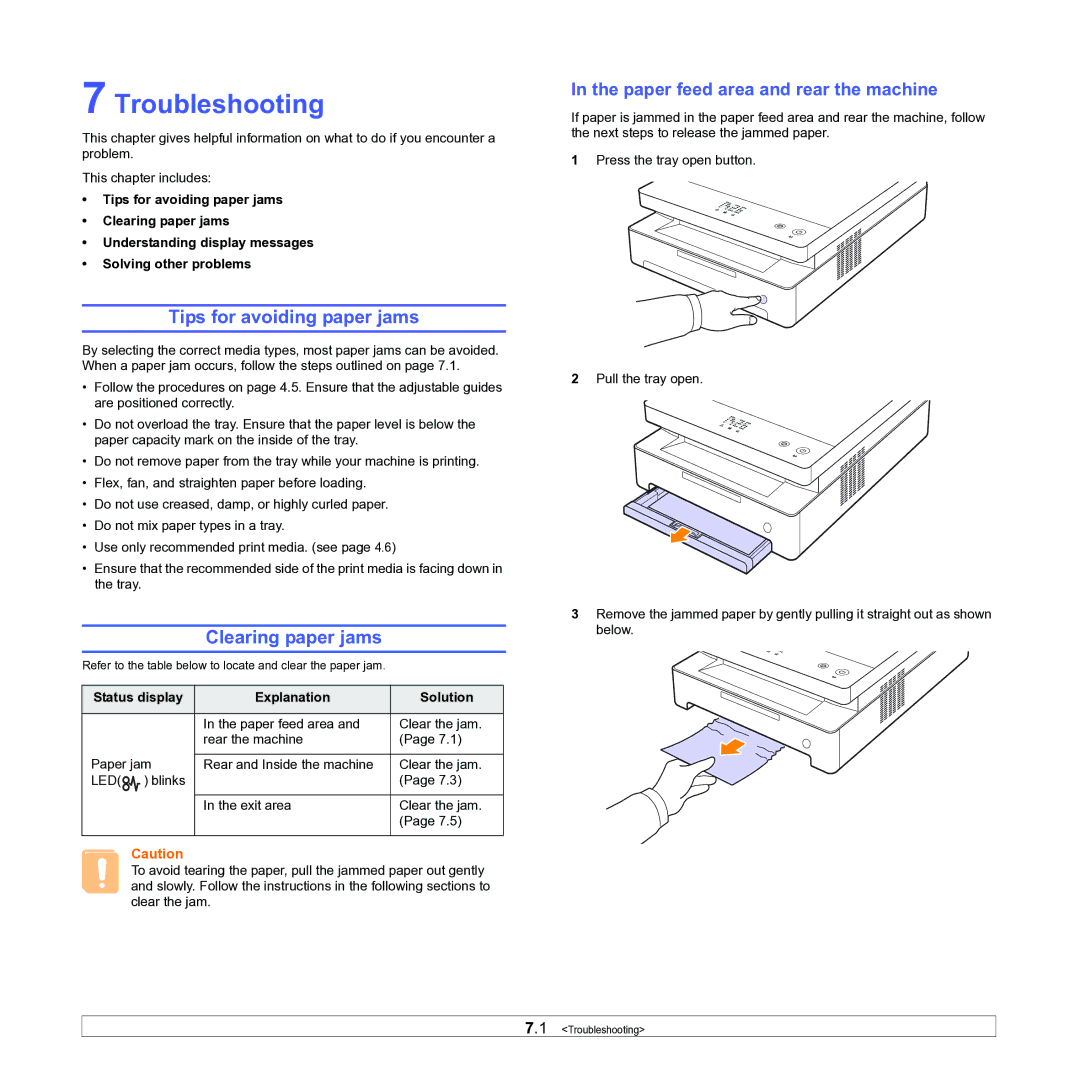 Samsung ML-1630W Troubleshooting, Tips for avoiding paper jams, Clearing paper jams, Paper feed area and rear the machine 