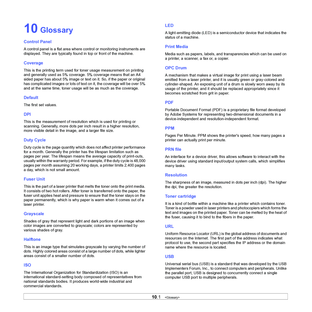 Samsung ML-1630W manual Glossary, Control Panel 