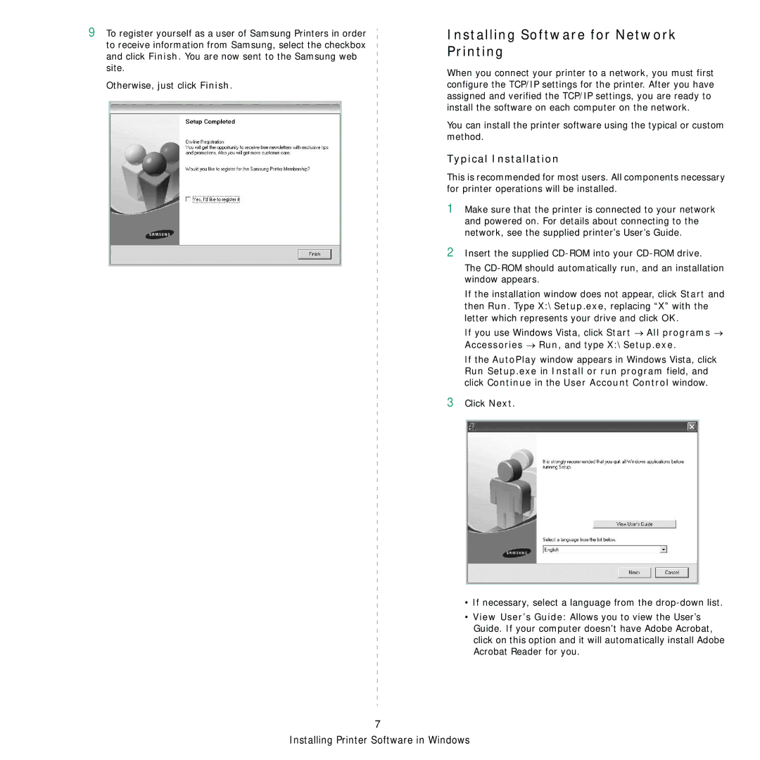 Samsung ML-1630W manual Installing Software for Network Printing 