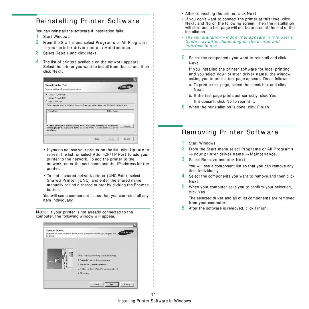 Samsung ML-1630W manual Reinstalling Printer Software, Removing Printer Software 