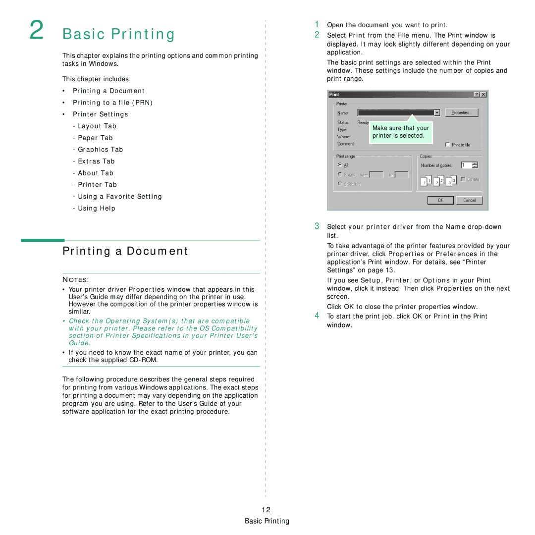 Samsung ML-1630W manual Printing a Document, Select your printer driver from the Name drop-down list 