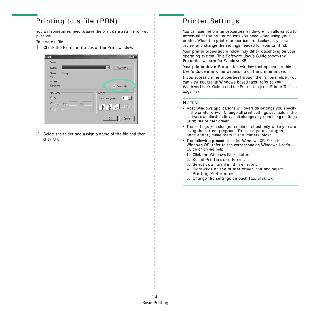 Samsung ML-1630W manual Printing to a file PRN, Printer Settings, Select Printers and Faxes Select your printer driver icon 