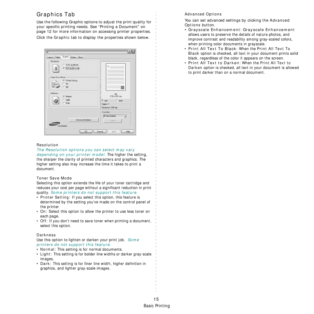 Samsung ML-1630W manual Graphics Tab, Resolution, Toner Save Mode, Darkness, Advanced Options 