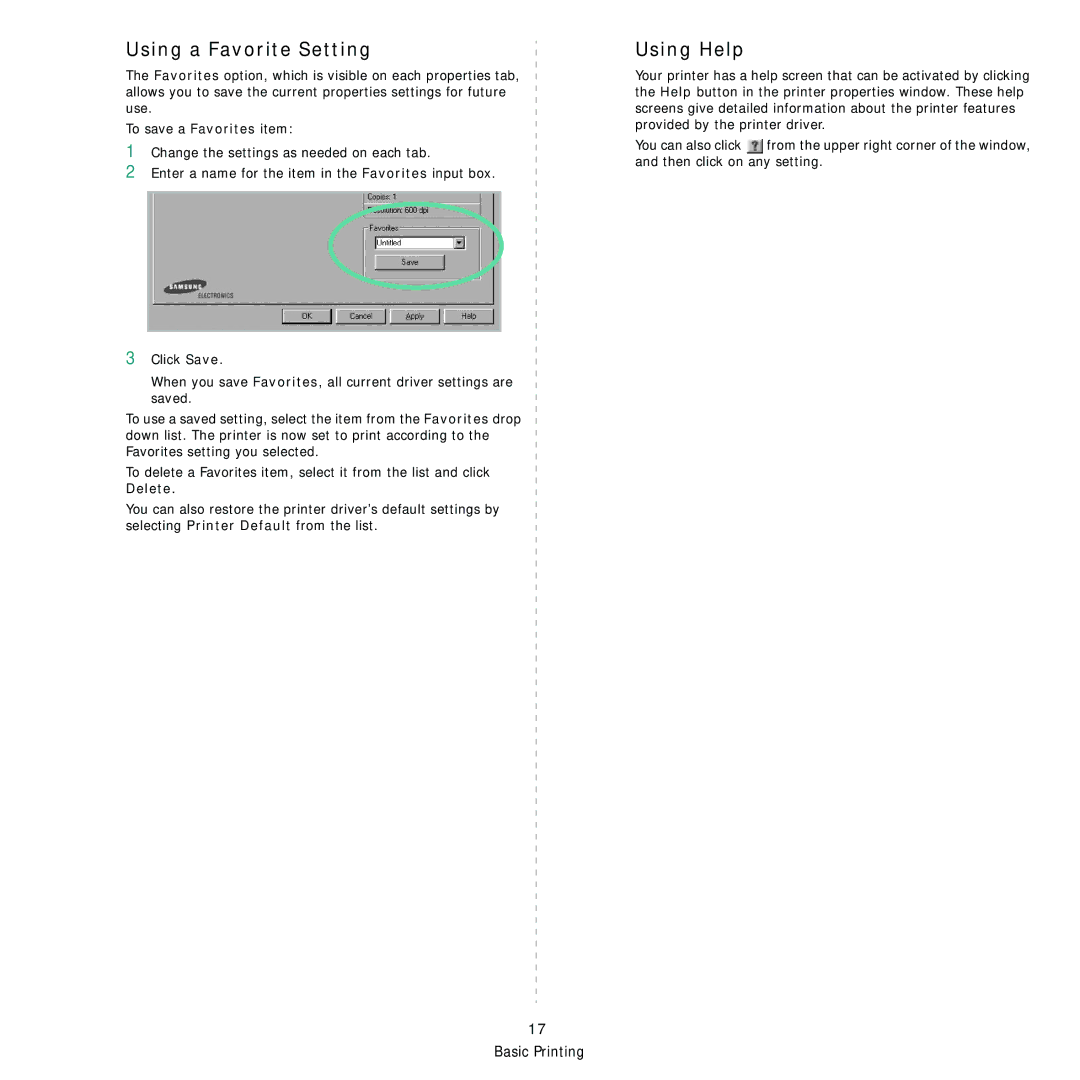 Samsung ML-1630W manual Using a Favorite Setting, Using Help 