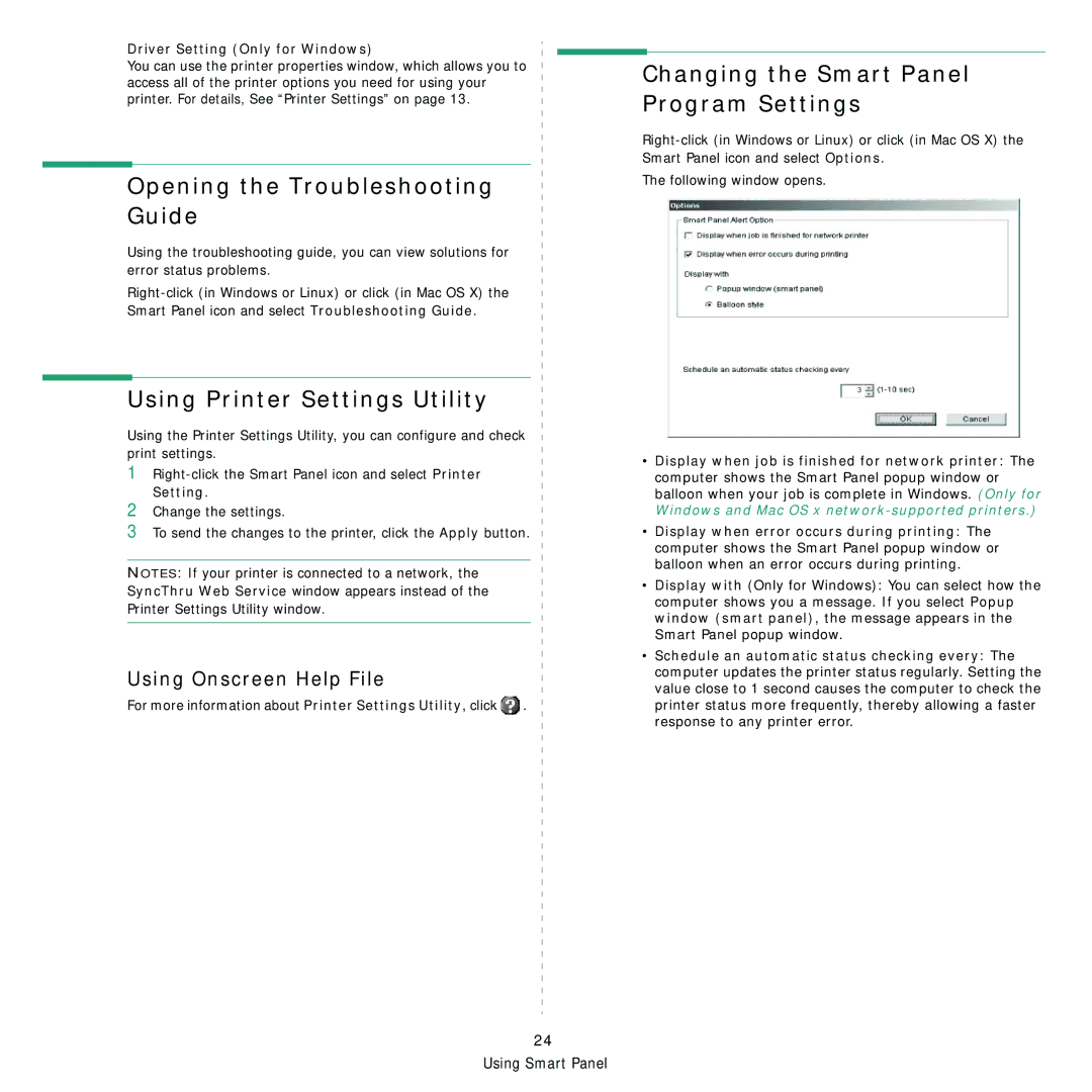 Samsung ML-1630W manual Opening the Troubleshooting Guide, Using Printer Settings Utility, Using Onscreen Help File 