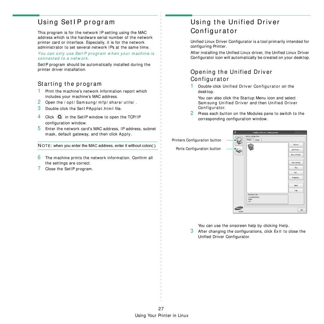 Samsung ML-1630W manual Using SetIP program, Using the Unified Driver Configurator, Starting the program 