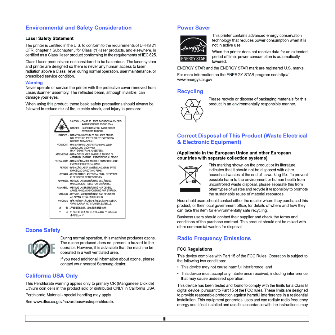 Samsung ML-1630W manual Environmental and Safety Consideration, Power Saver, Recycling, Ozone Safety, California USA Only 