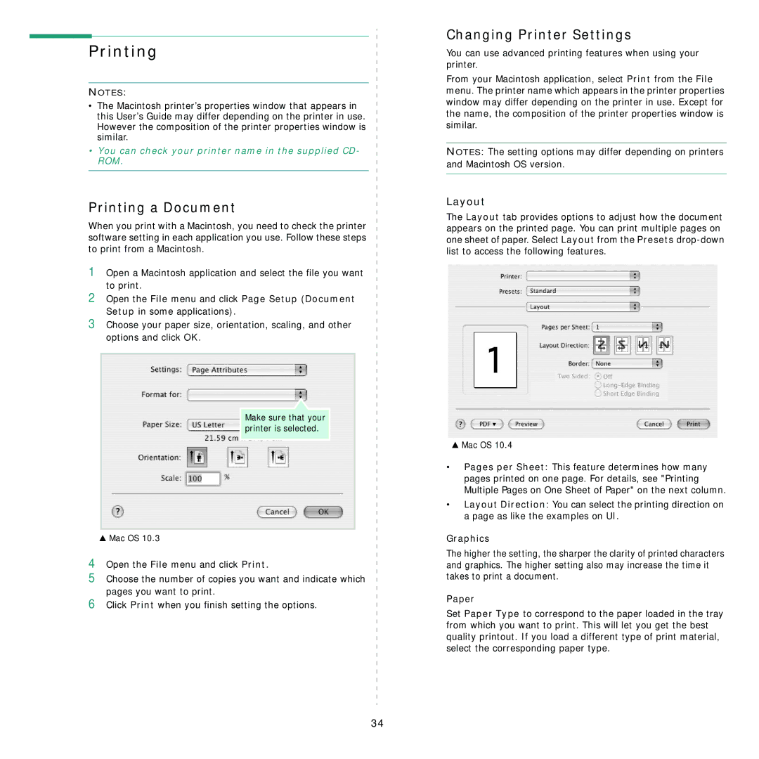 Samsung ML-1630W manual Printing a Document, Changing Printer Settings, Graphics, Paper 