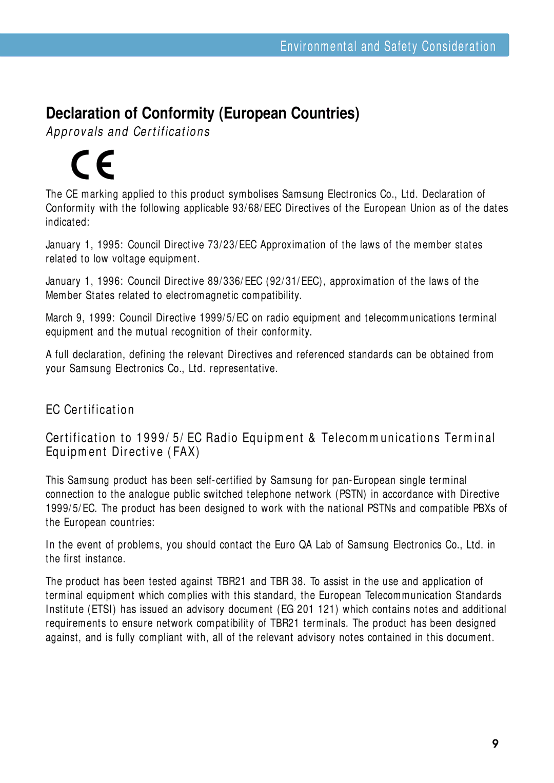 Samsung ML-1650, ML-1651N manual Declaration of Conformity European Countries 