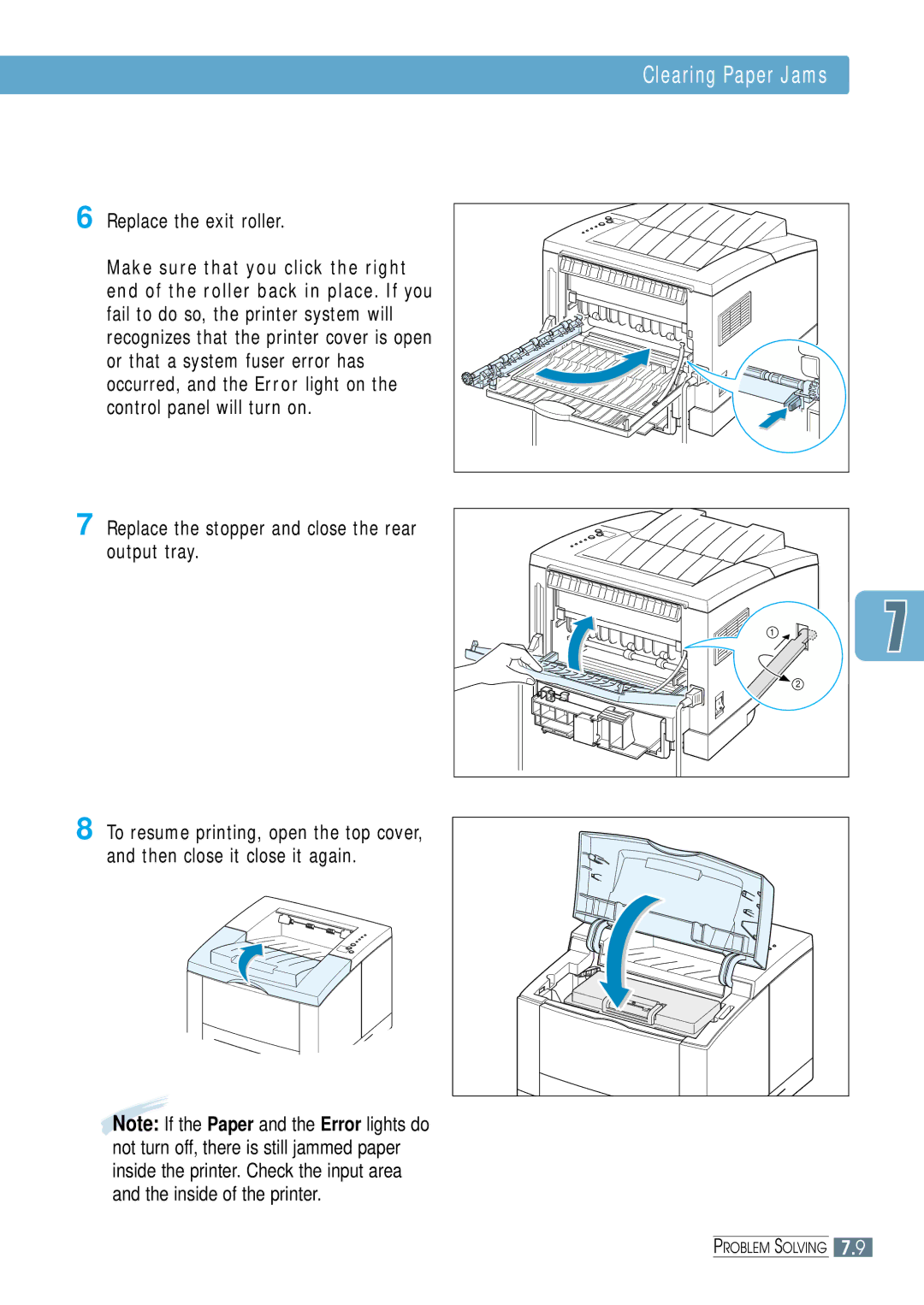 Samsung ML-1650, ML-1651N manual Replace the exit roller, Replace the stopper and close the rear output tray 