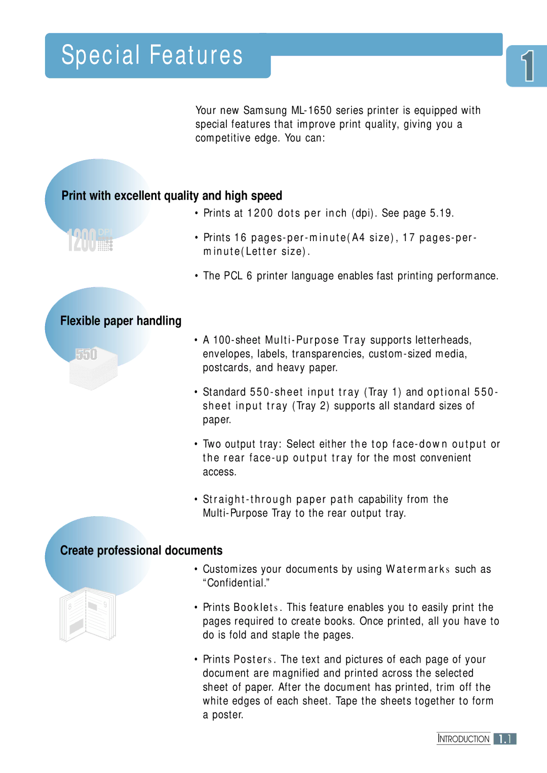 Samsung ML-1650 manual Print with excellent quality and high speed, Flexible paper handling, Create professional documents 