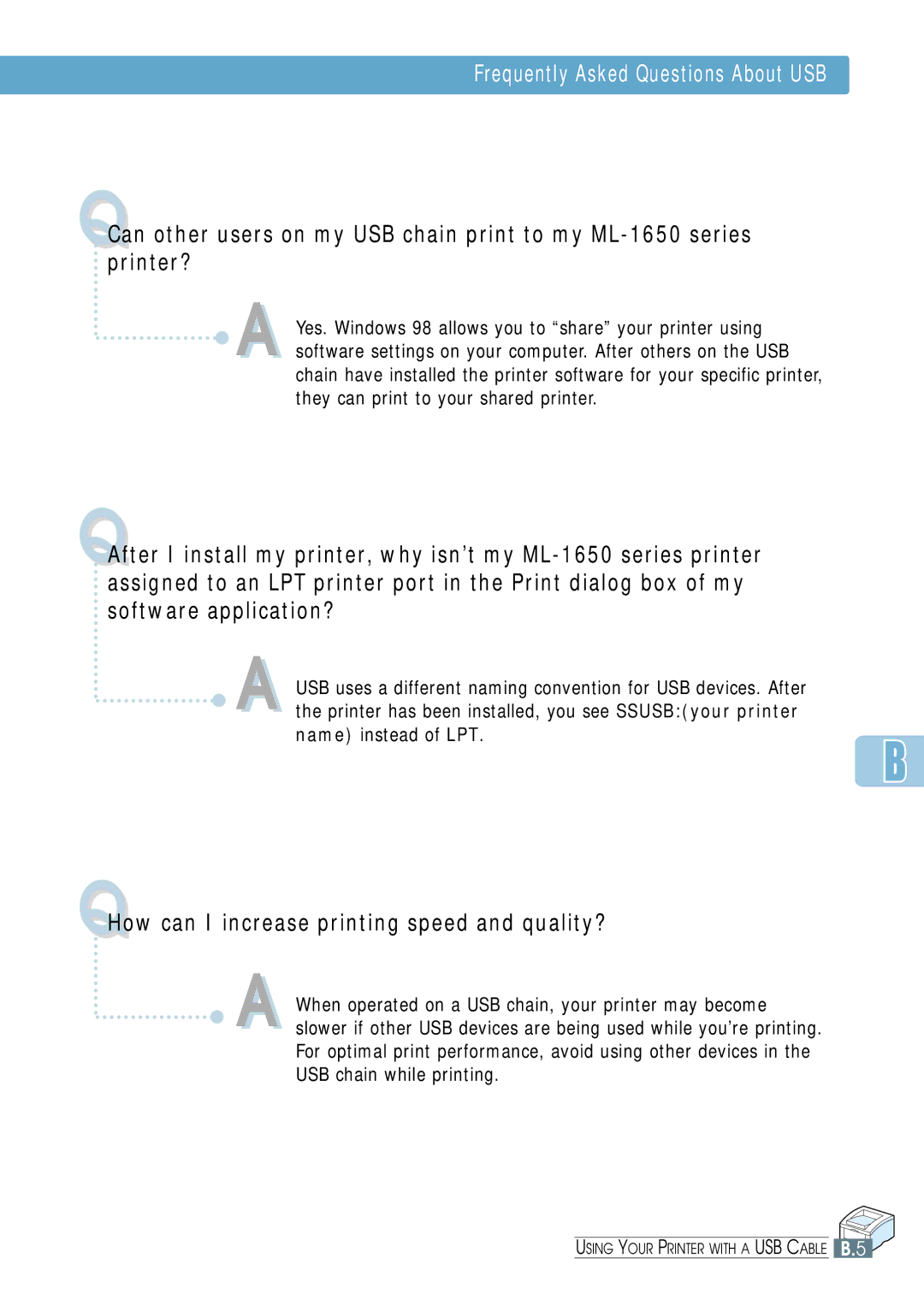 Samsung ML-1650, ML-1651N manual Frequently Asked Questions About USB, Name instead of LPT 