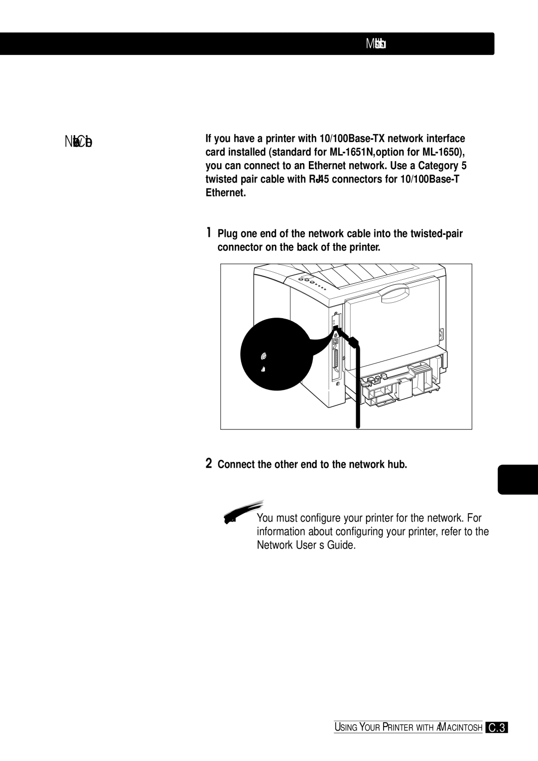 Samsung ML-1650, ML-1651N manual Ethernet, Connector on the back of the printer, Connect the other end to the network hub 