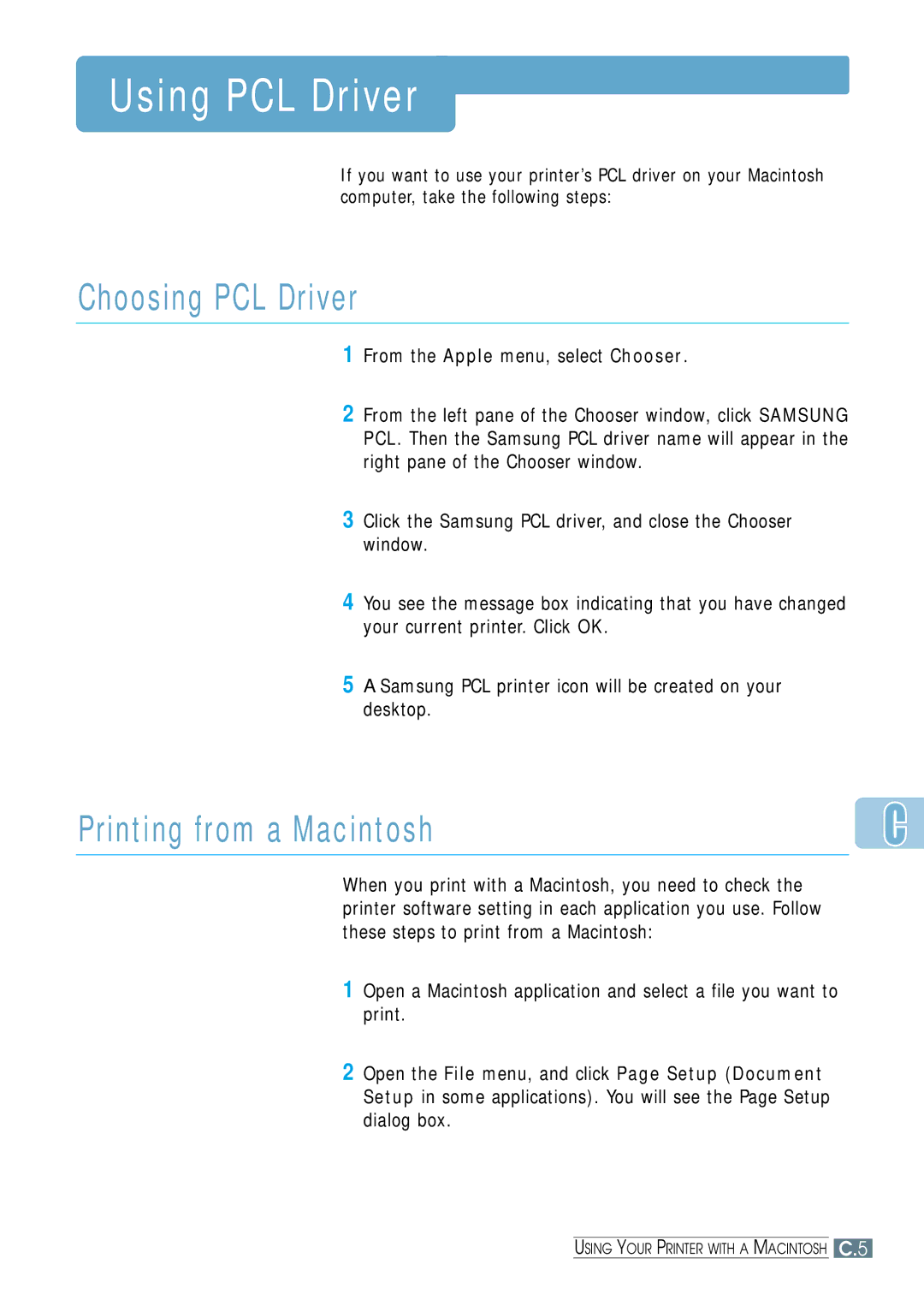 Samsung ML-1650, ML-1651N manual Choosing PCL Driver, Printing from a Macintosh, From the Apple menu, select Chooser 