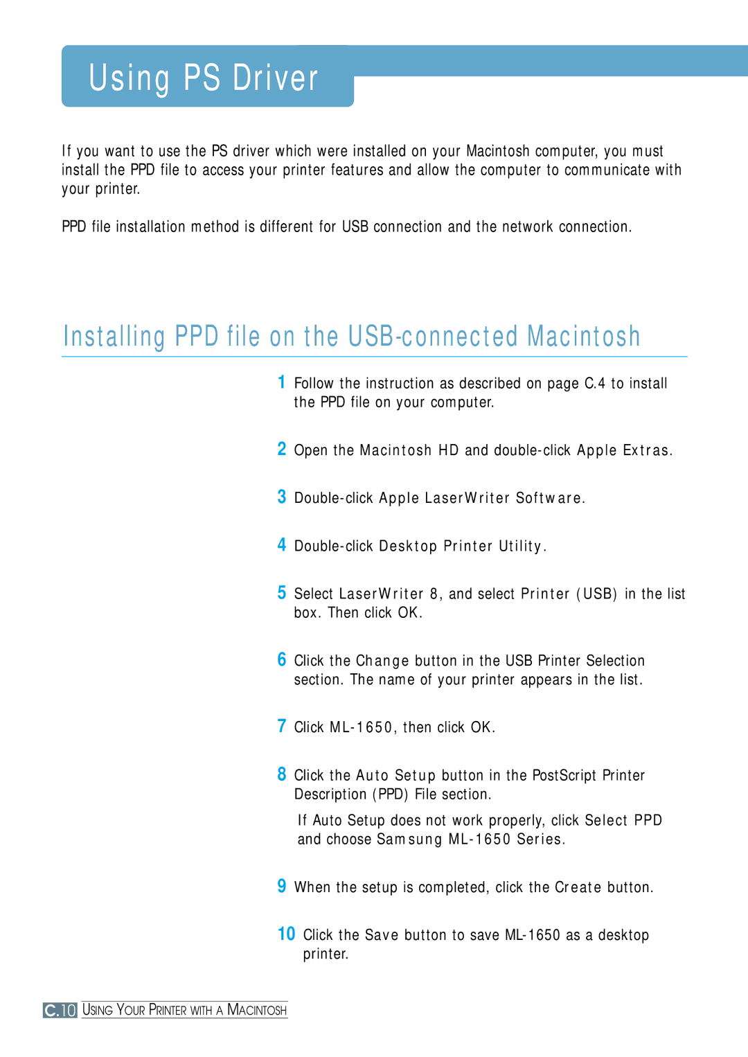 Samsung ML-1651N, ML-1650 manual Using PS Driver, Installing PPD file on the USB-connected Macintosh 