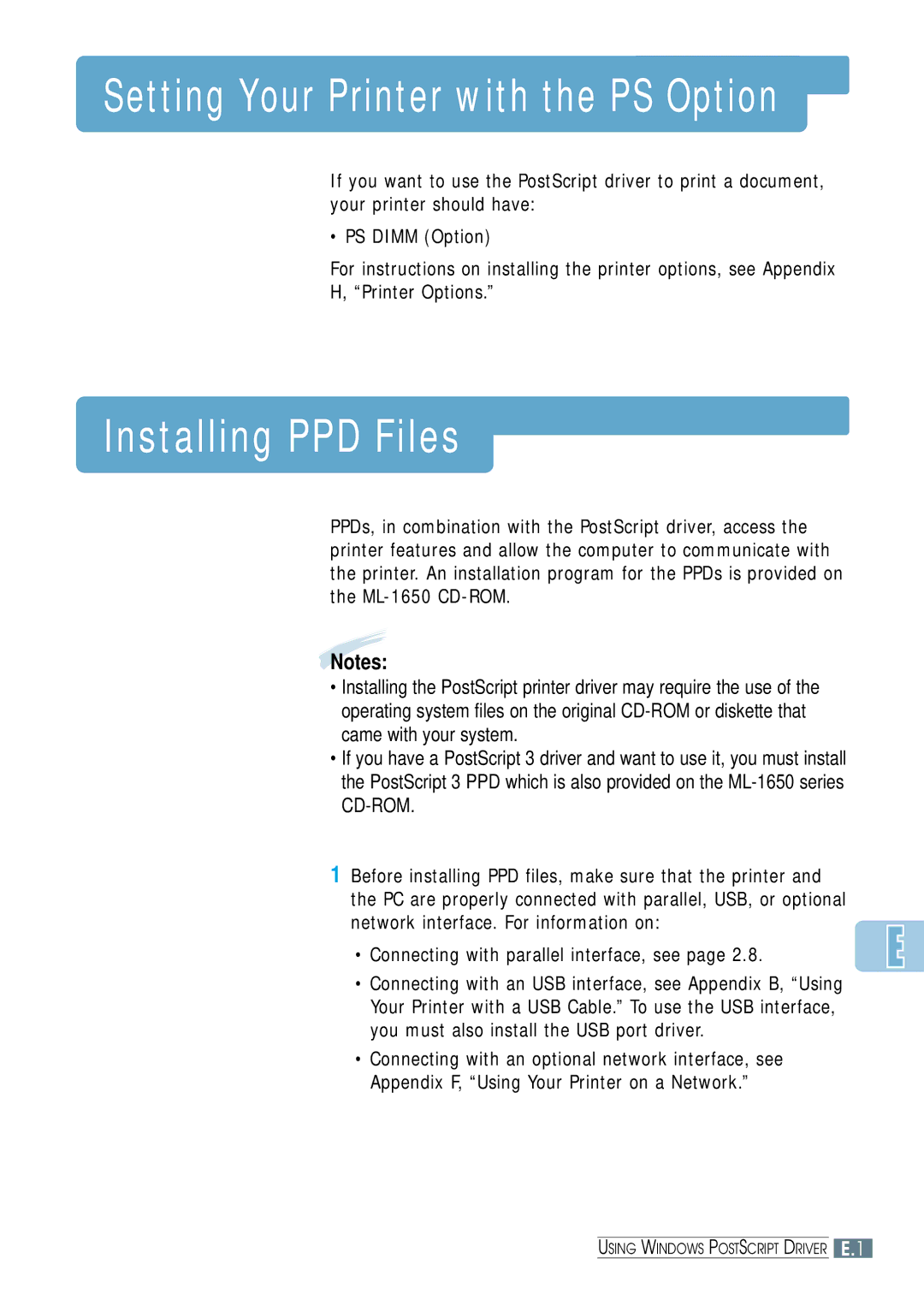 Samsung ML-1650, ML-1651N manual Setting Your Printer with the PS Option, Connecting with parallel interface, see 